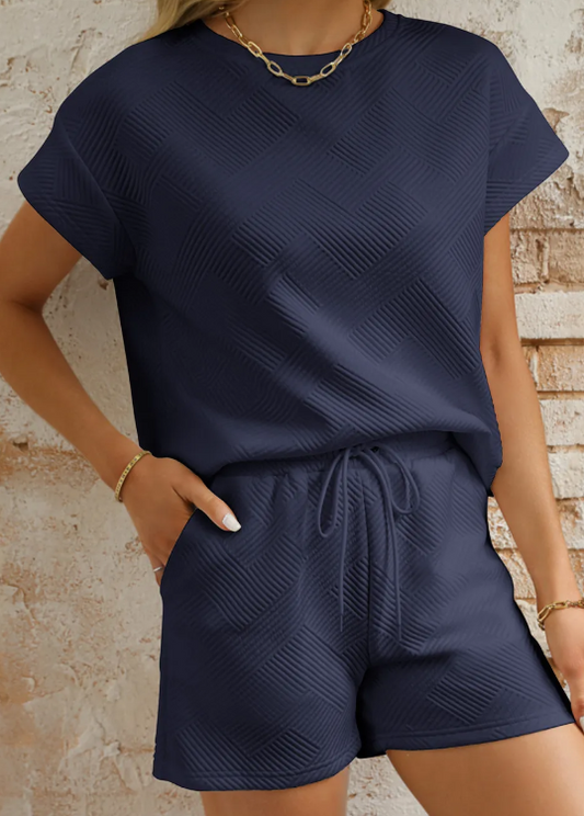 Britnee Navy Textured Short Sleeve Top and Shorts Set