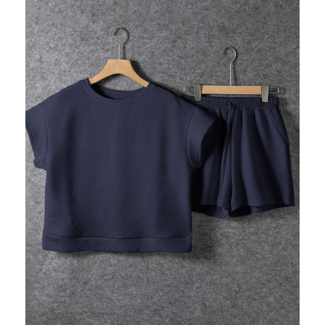 Britnee Navy Textured Short Sleeve Top and Shorts Set
