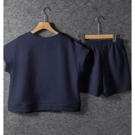Britnee Navy Textured Short Sleeve Top and Shorts Set