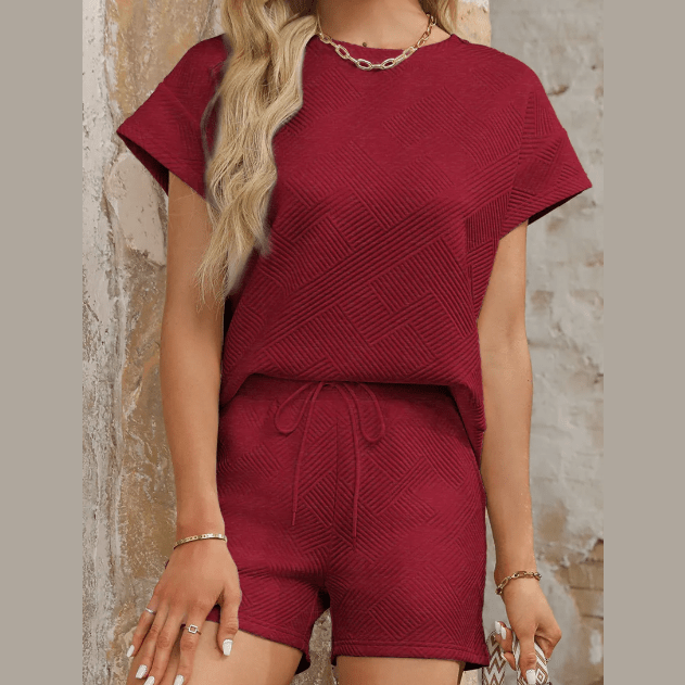 Britnee Wine Textured Short Sleeve Top and Shorts Set