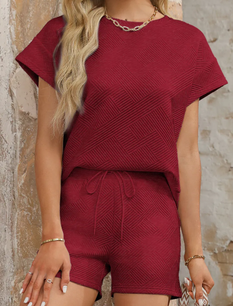 Britnee Wine Textured Short Sleeve Top and Shorts Set