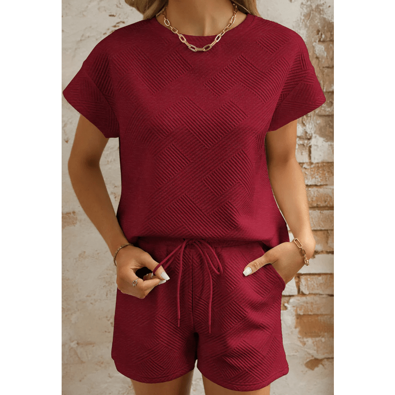 Britnee Wine Textured Short Sleeve Top and Shorts Set