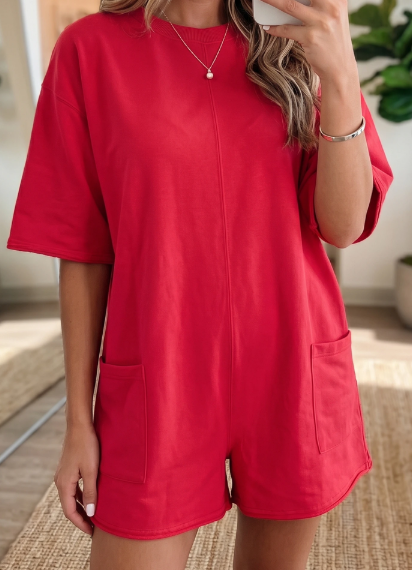 Gessi Red Raw Edge Half Sleeve Pocketed Loose Romper