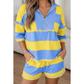 Kessy Yellow Seam Detail Half Zip Tee Casual Shorts 2pcs Set