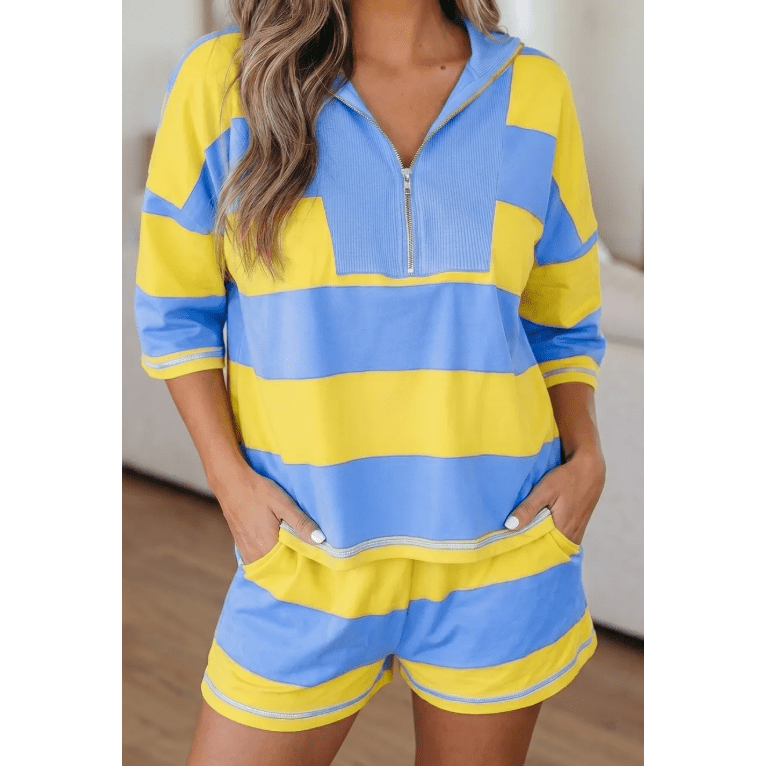 Kessy Yellow Seam Detail Half Zip Tee Casual Shorts 2pcs Set