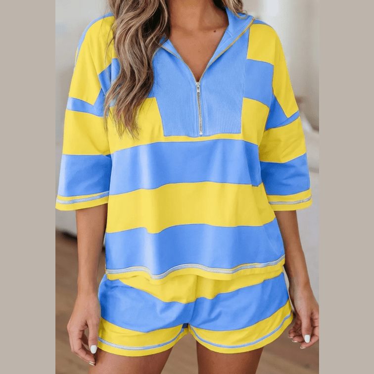 Kessy Yellow Seam Detail Half Zip Tee Casual Shorts 2pcs Set