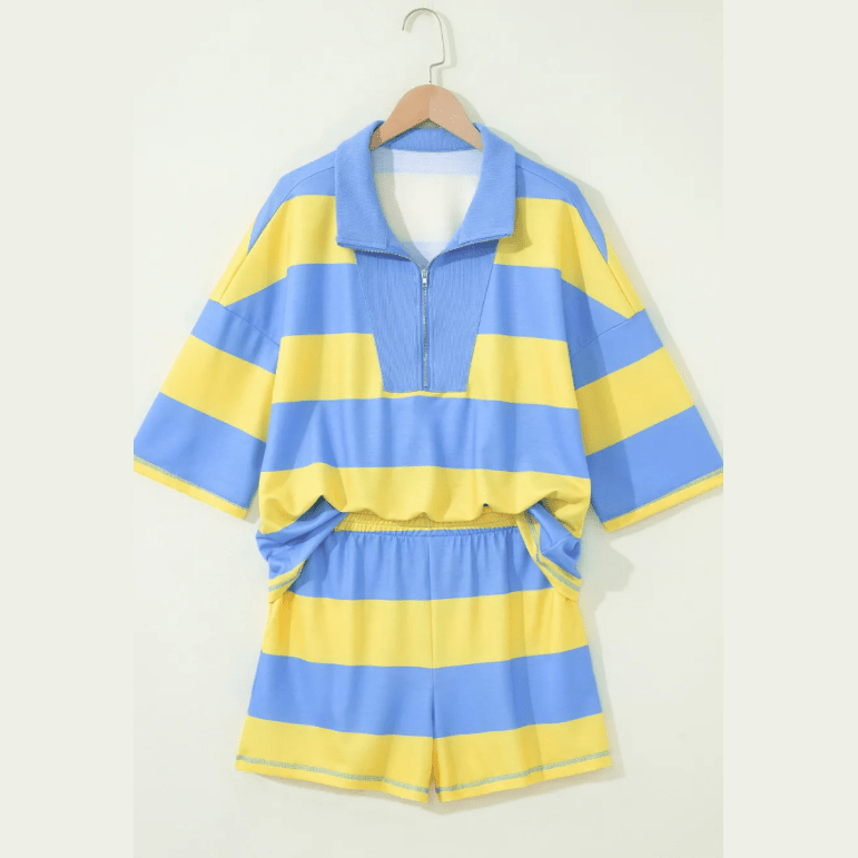 Kessy Yellow Seam Detail Half Zip Tee Casual Shorts 2pcs Set