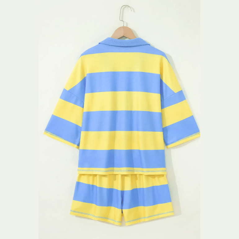 Kessy Yellow Seam Detail Half Zip Tee Casual Shorts 2pcs Set