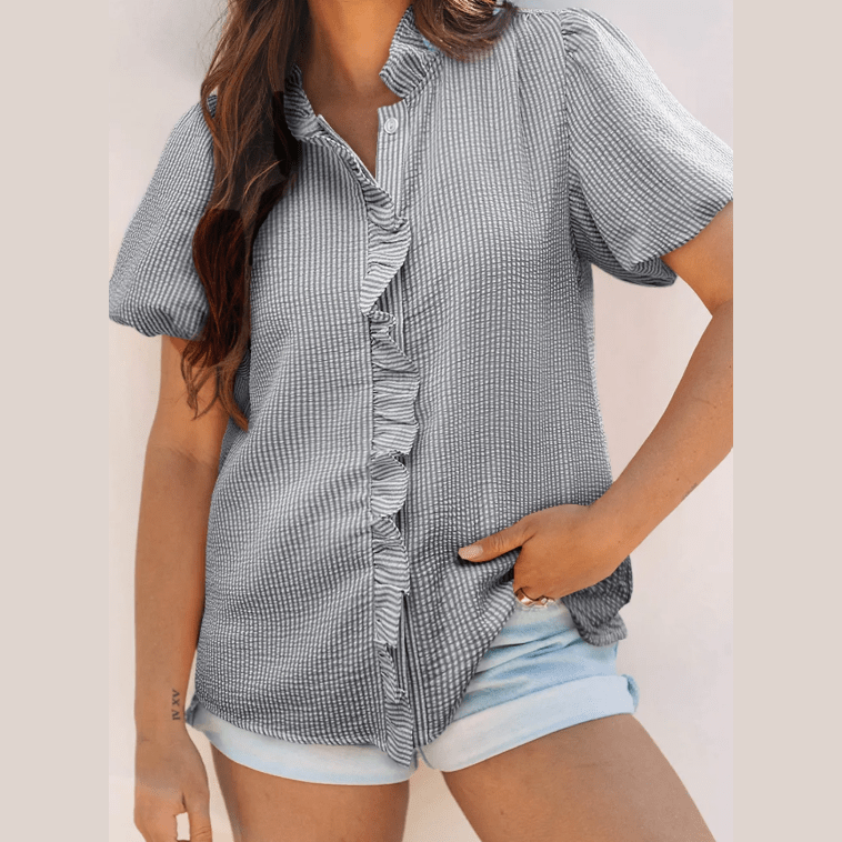 Kaycee Black Striped Ruffle Short Bubble Sleeve Shirt