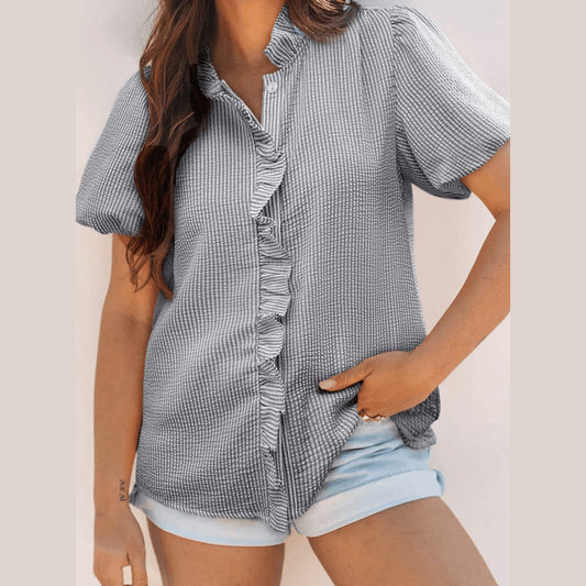 Kaycee Black Striped Ruffle Short Bubble Sleeve Shirt