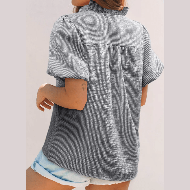 Kaycee Black Striped Ruffle Short Bubble Sleeve Shirt