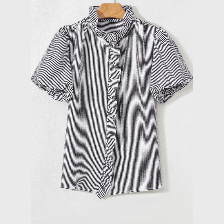 Kaycee Black Striped Ruffle Short Bubble Sleeve Shirt