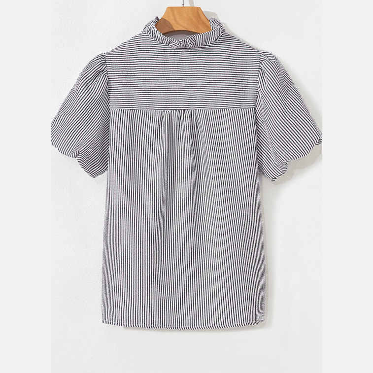 Kaycee Black Striped Ruffle Short Bubble Sleeve Shirt