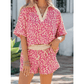 Loray Pink V Neck Collar Leopard Printed 2pcs Short Set
