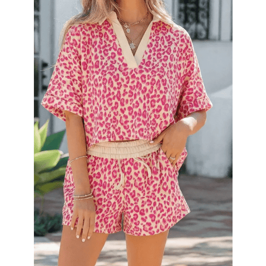Loray Pink V Neck Collar Leopard Printed 2pcs Short Set