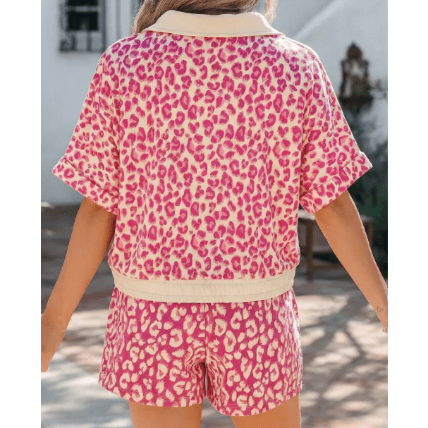 Loray Pink V Neck Collar Leopard Printed 2pcs Short Set