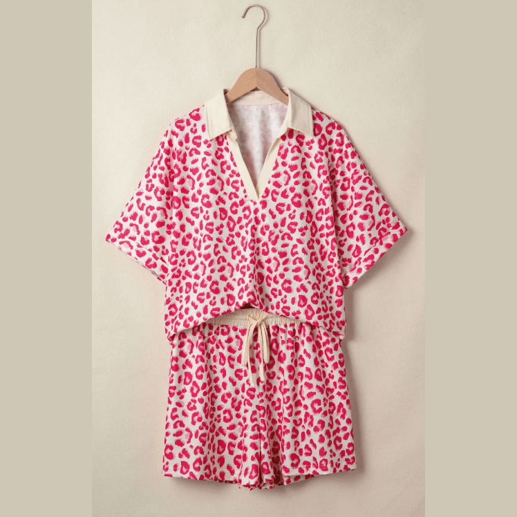 Loray Pink V Neck Collar Leopard Printed 2pcs Short Set