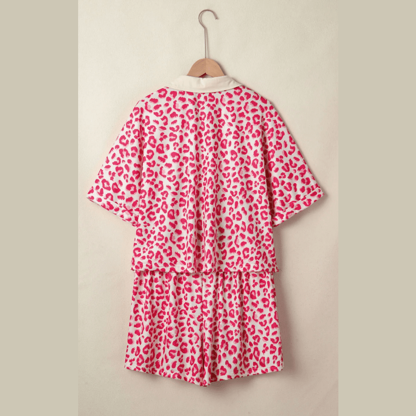 Loray Pink V Neck Collar Leopard Printed 2pcs Short Set