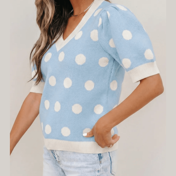 Lauri Blue Polka Dot Puff Short Sleeve Sweater