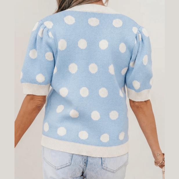Lauri Blue Polka Dot Puff Short Sleeve Sweater