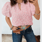 Mindi Pink Floral Textured Jacquard Puff Sleeve Blouse