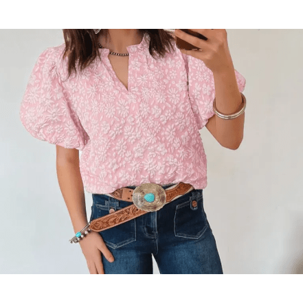 Mindi Pink Floral Textured Jacquard Puff Sleeve Blouse