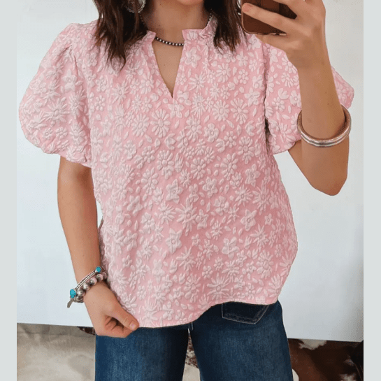 Mindi Pink Floral Textured Jacquard Puff Sleeve Blouse