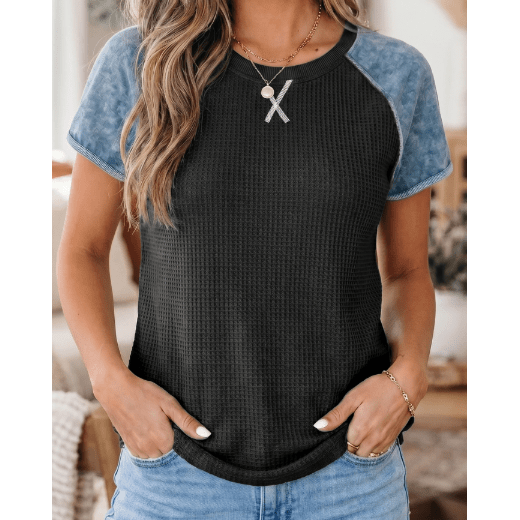 Ava Carbon Grey Waffle Knit Seam Detail Color Block Patchwork Short Sleeve Top