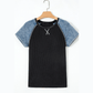 Ava Carbon Grey Waffle Knit Seam Detail Color Block Patchwork Short Sleeve Top