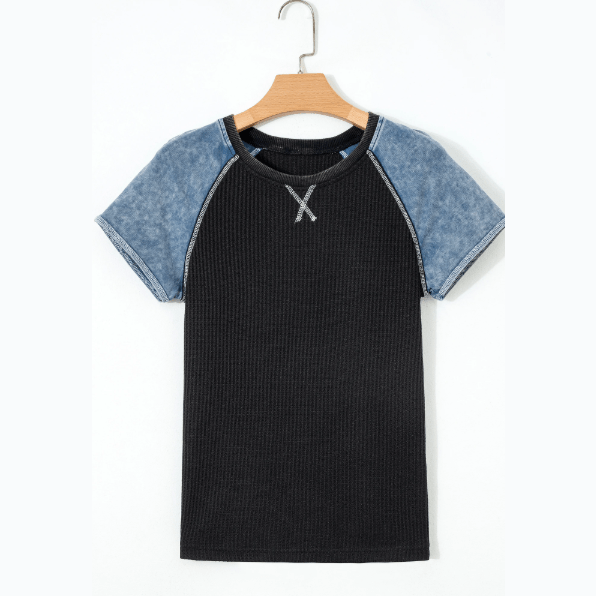 Ava Carbon Grey Waffle Knit Seam Detail Color Block Patchwork Short Sleeve Top