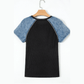 Ava Carbon Grey Waffle Knit Seam Detail Color Block Patchwork Short Sleeve Top