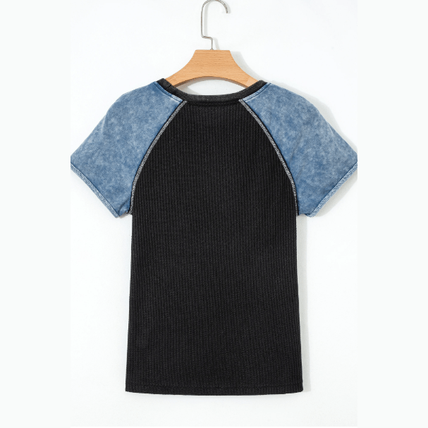 Ava Carbon Grey Waffle Knit Seam Detail Color Block Patchwork Short Sleeve Top