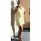 Aspen Yellow Stripe Colorblock Trim V Neck Tee Drawstring Elastic Waist Short Set