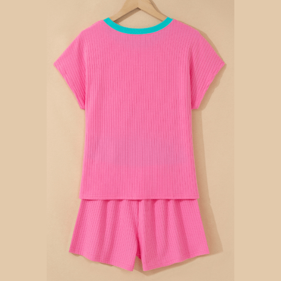 Charlotte Pink Soft Ribbed Color Block Trim Casual Short Set