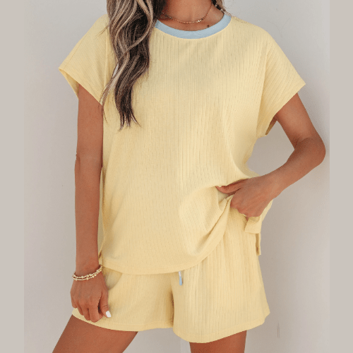 Charlotte Yellow Soft Ribbed Color Block Trim Casual Short Set