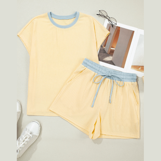 Charlotte Yellow Soft Ribbed Color Block Trim Casual Short Set