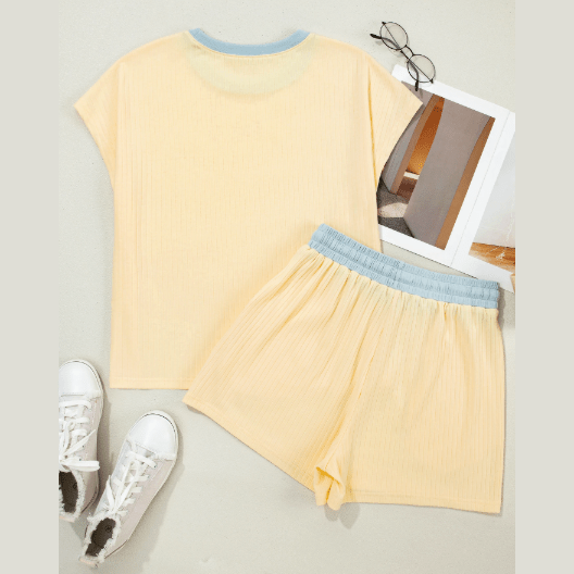 Charlotte Yellow Soft Ribbed Color Block Trim Casual Short Set