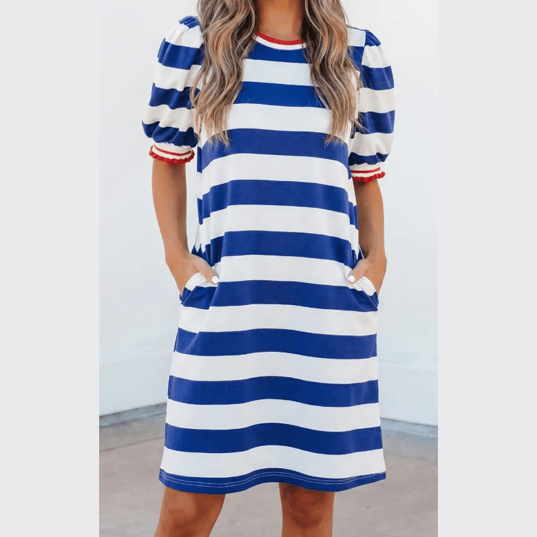 Chana Blue Stripe Contrast Trim Round Neck Short Puff Sleeve Shift Dress