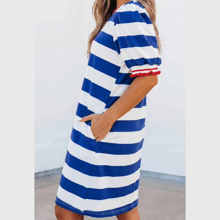 Chana Blue Stripe Contrast Trim Round Neck Short Puff Sleeve Shift Dress