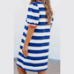 Chana Blue Stripe Contrast Trim Round Neck Short Puff Sleeve Shift Dress