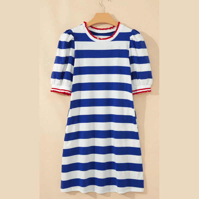 Chana Blue Stripe Contrast Trim Round Neck Short Puff Sleeve Shift Dress