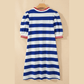 Chana Blue Stripe Contrast Trim Round Neck Short Puff Sleeve Shift Dress