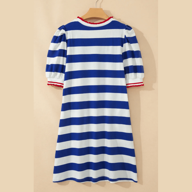 Chana Blue Stripe Contrast Trim Round Neck Short Puff Sleeve Shift Dress