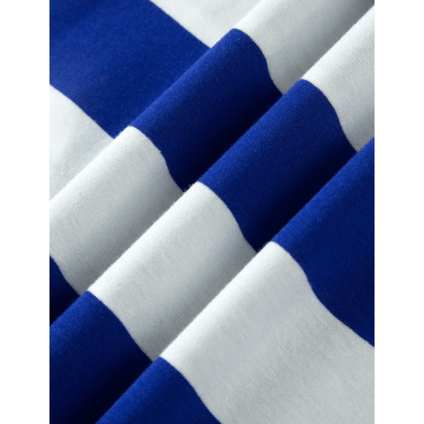 Chana Blue Stripe Contrast Trim Round Neck Short Puff Sleeve Shift Dress