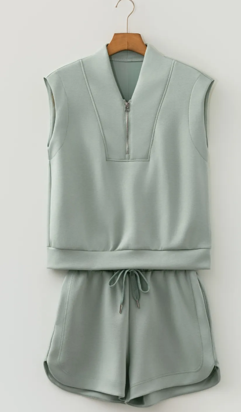 Cathy Grey Green Quarter Zip Sleeveless Top Drawstring Shorts Casual 2pcs Outfit
