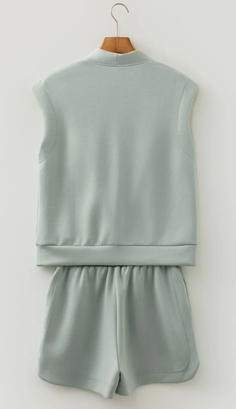 Cathy Grey Green Quarter Zip Sleeveless Top Drawstring Shorts Casual 2pcs Outfit