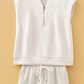Cathy Oatmeal Quarter Zip Sleeveless Top Drawstring Shorts Casual 2pcs Outfit