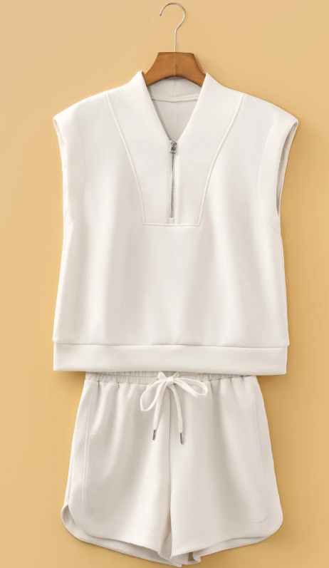 Cathy Oatmeal Quarter Zip Sleeveless Top Drawstring Shorts Casual 2pcs Outfit