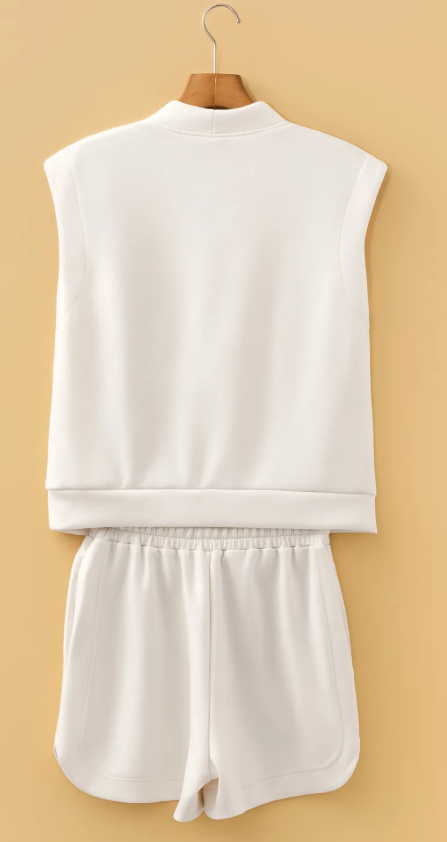 Cathy Oatmeal Quarter Zip Sleeveless Top Drawstring Shorts Casual 2pcs Outfit