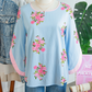 Sam Sky Blue Floral Print Button Cuffed 3/4 Sleeve Round Neck Blouse
